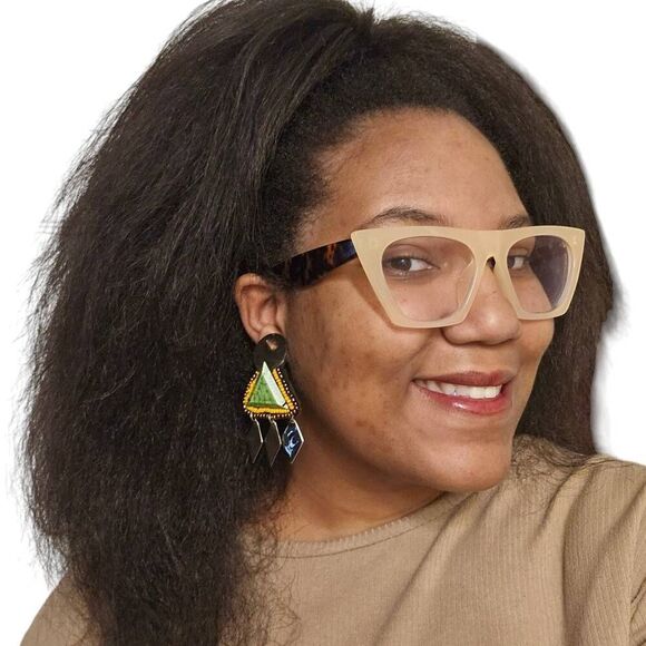 Vintage Geometric Dangle Earrings | Green Triangle with Silver & Orange Bead Acc - Picture 5 of 5